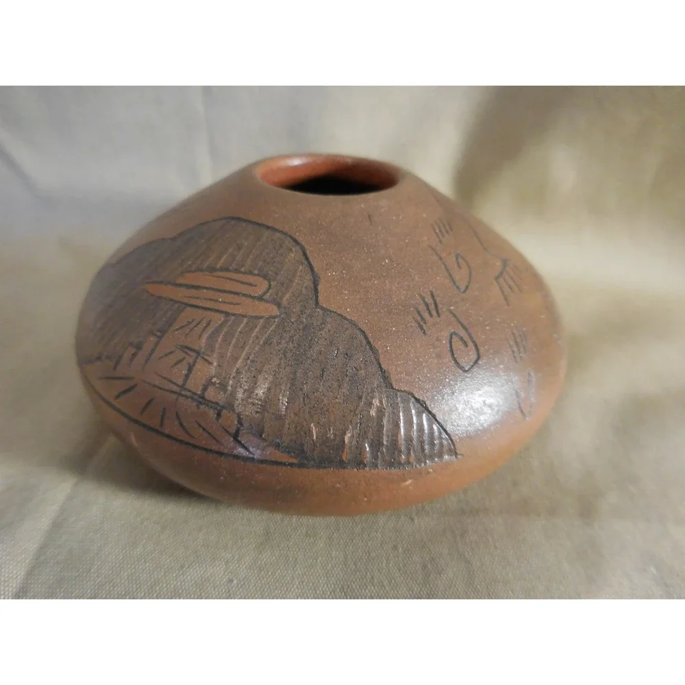 Southwest Red Clay Pottery Seed Pot Kokopelli Sgraffito Etched Art Blackhorse